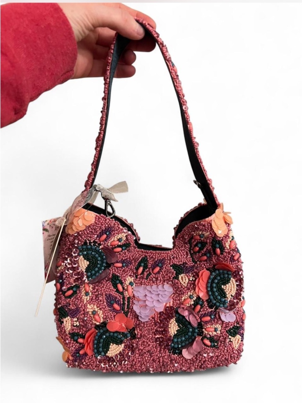 pink floral beaded shoulder bucket bag made in india metal chain crossbody strap